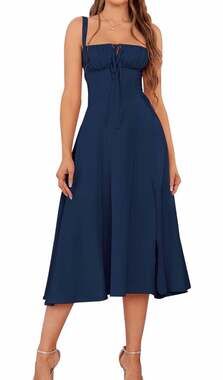GLNEGE Ruched Bust Lace-Up Back Midi Corset Dress with Slit